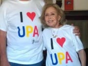Tee Bosustow and June Foray wearing their I ♥ UPA AniMazeSpot 2012 T-Shirts