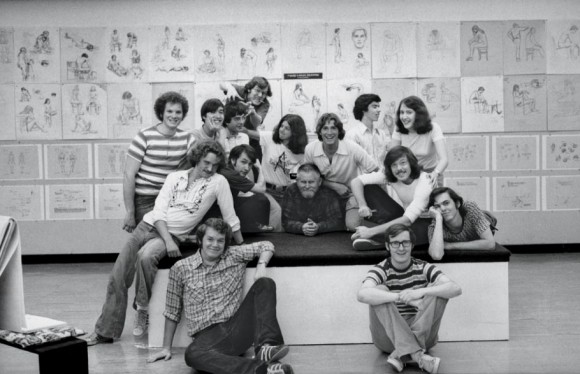 The 1976 Character Animation class, with teacher Elmer Plummer (center). Among those pictured are Brad Bird, John Musker