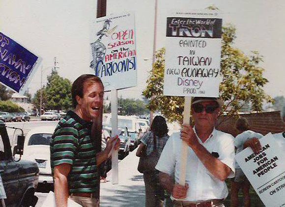 Steve Hulett (left) and Vance Gerry participating in the 1982 Motion Picture Screen Cartoonists strike.