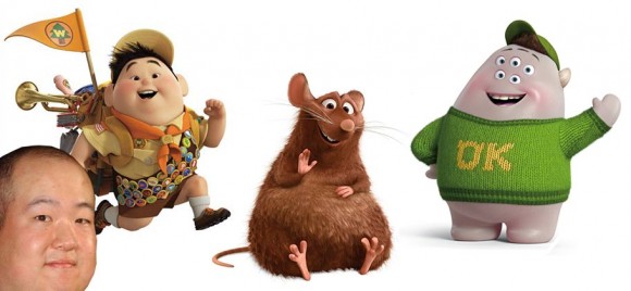 Pete Sohn and characters he's inspired (l. to r.) Russell, Emile and Squishy. (Photo of Sohn: Shutterstock)