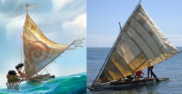 Concept art from Moana (left) and traditional Fijian camakau (photo via WCS Fiji).