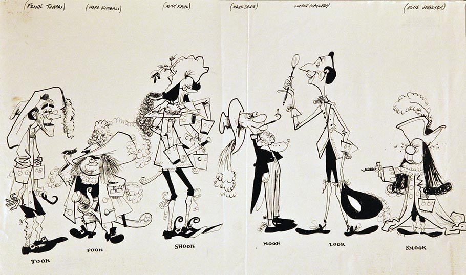 Ward Kimball draw Clarke Mallery as one of the animators competing to be the lead animator of Hook in Disney's "Peter Pan" (1953). (Click to enlarge.)