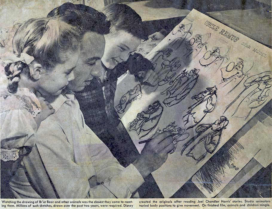 Clarke Mallery gives a drawing lesson to "Song of the South" child stars Luana Patten and Bobby Driscoll.