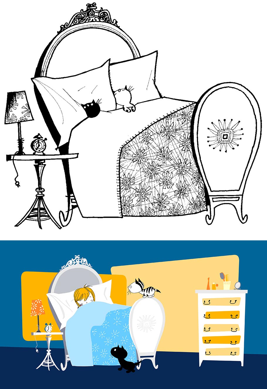 Top: Original "Pim and Pom" drawing by Fiep Westendorp (ca. 1967, ©Fiep Amsterdam bv, Fiep Westendorp Illustrations); bottom: Still from the movie "Pim and Pom: The Big Adventure" (2014)