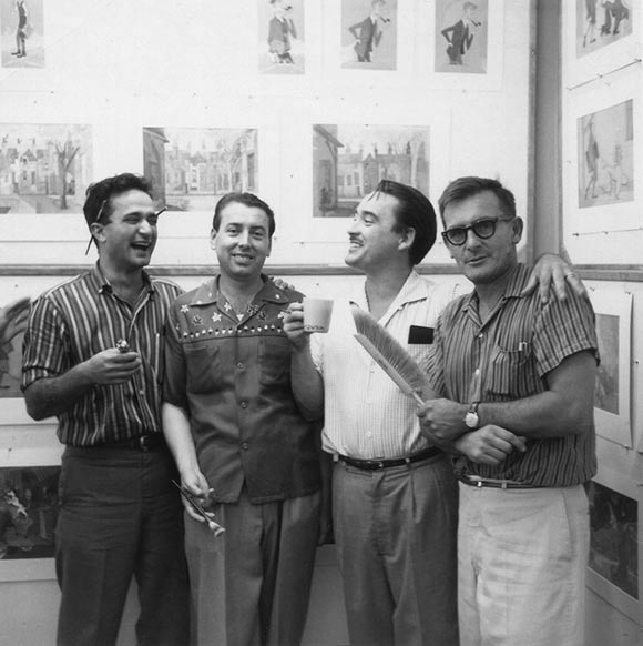 From left to right: Vic Haboush, Tony Rizzo, Walt Peregoy, and Tom Oreb during the production of "101 Dalmatians," 1958. (Photo courtesy of Ray Aragon.)