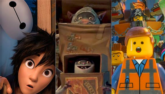 From left to right: "Big Hero 6," "The Boxtrolls," "The LEGO Movie."