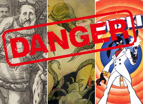 From left to right: Thomas Nast drawing of "Boss" Tweed; erotic drawing by Tomi Ungerer; Ralph Bakshi's "Coonskin." (Danger sign: Shutter)