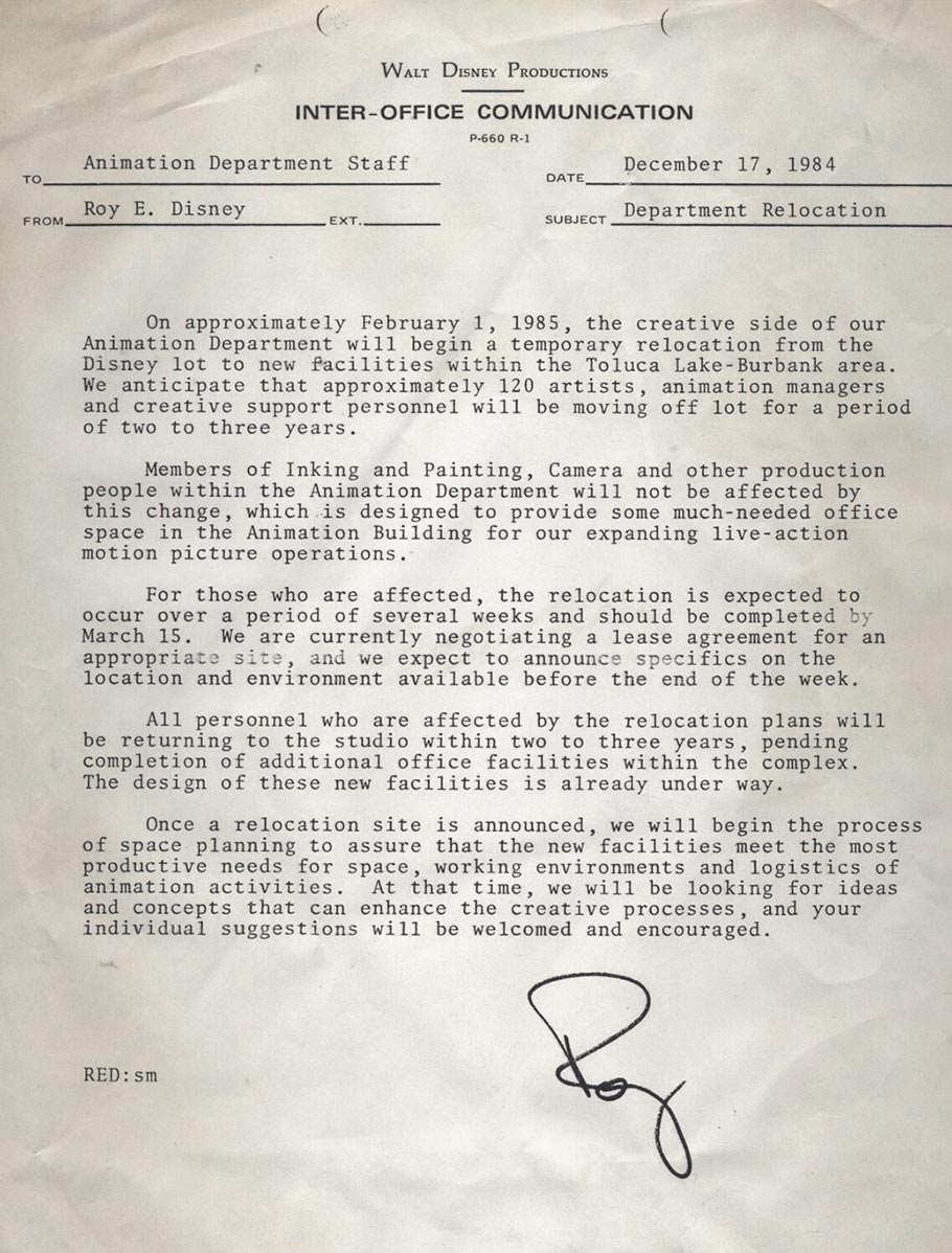A memo from Roy Disney Jr. to the animation department informing them that they would be moved.