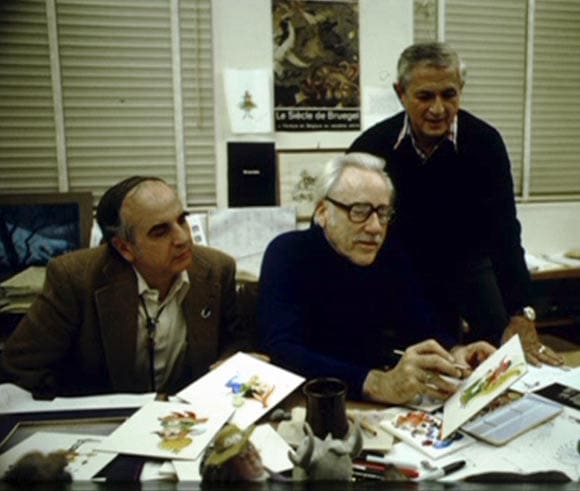 Producer Joe Hale, left, clashed with Jeffrey Katzenberg over creative choices in "The Black Cauldron." Hale is discusing the film with one of the original co-directors, Art Stevens  (center), and co-director Ted Berman.