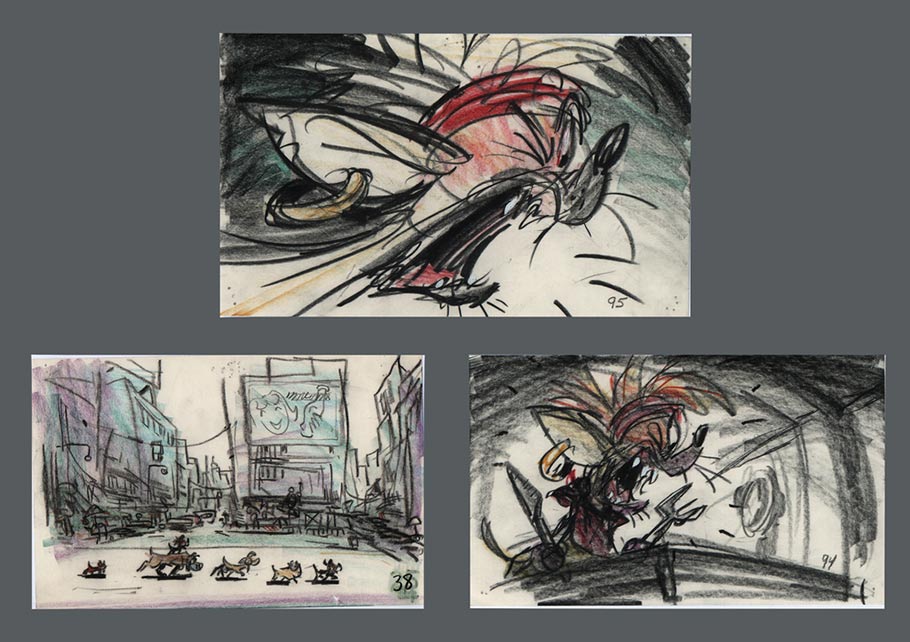 Jeffrey Katzenberg like Pete Young's pitch for "Oliver & Company" as soon as he heard it. (Storyboard drawings from the film by Mike Gabriel. Click to enlarge.)