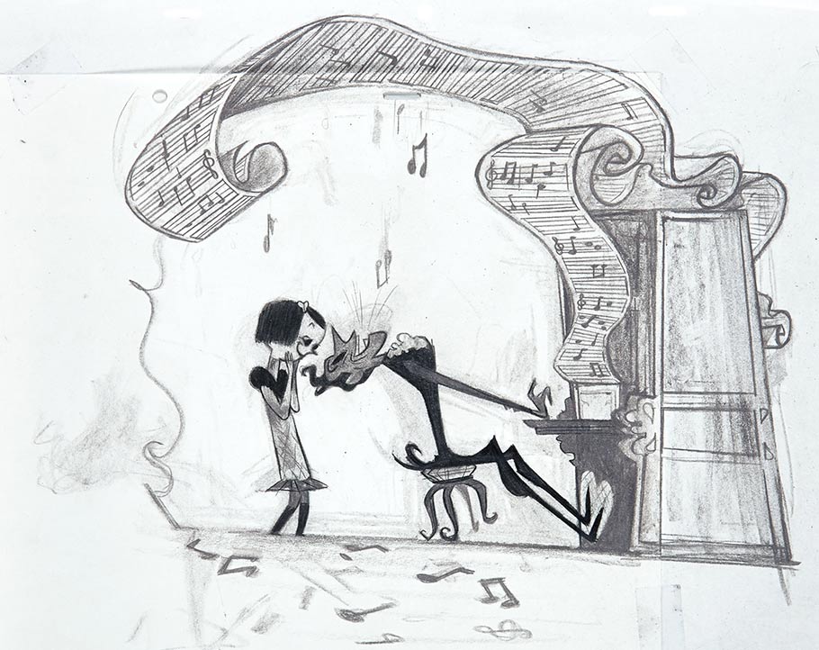Concept/story sketch of Coraline meeting her Other Father, as he charms her at his piano. Drawing done in graphite. Artist: Stef Choi.