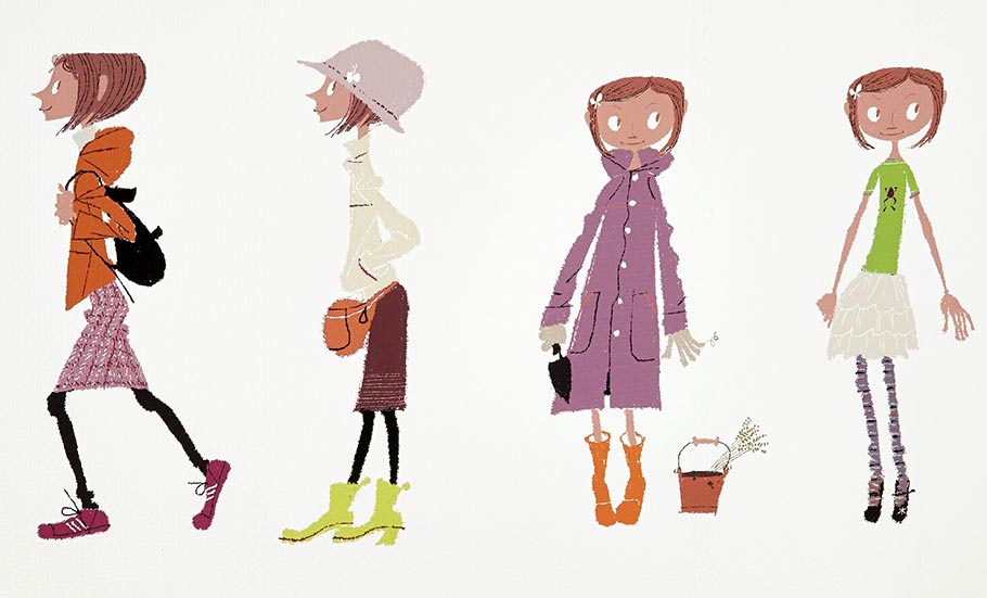 Concept lithograph created from a Tadahiro Uesugi original watercolor painting that showcases his concepts for Coraline's many outfits used throughout the film.
