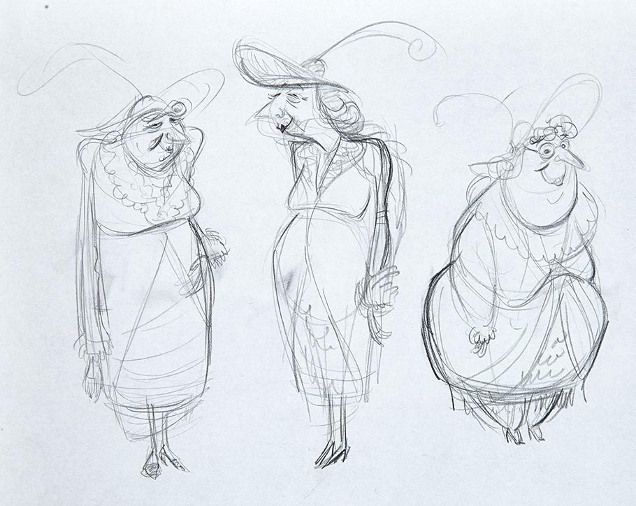 Character design concepts of Miss Spink and Miss Forcible, the retired old burlesque performers that live in the Pink Palace Apartment. Artist unidentified.