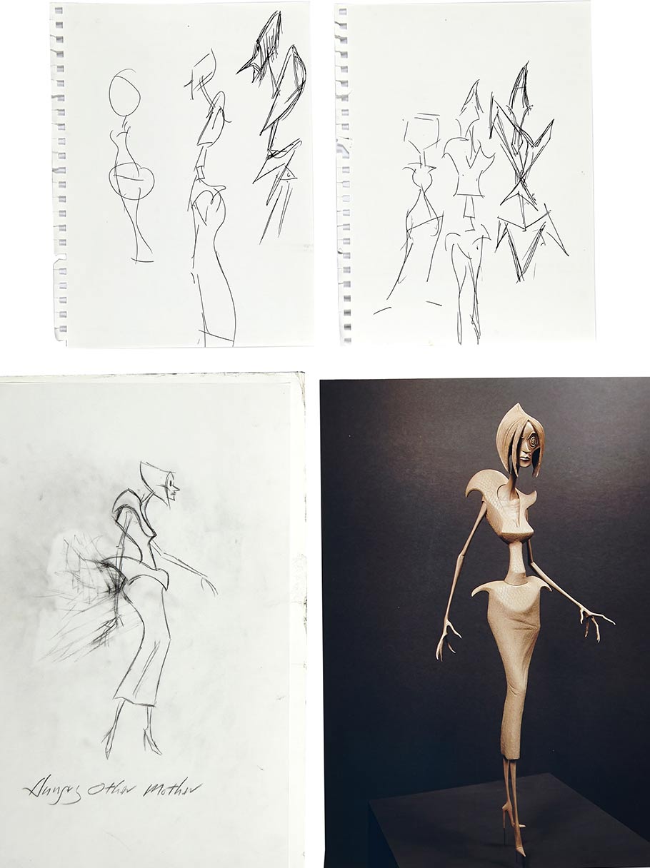 Concept drawings of the Evil Other Mother drawn by the film's director Henry Selick. Two of the concept artwork pieces of the body of Evil Other Mother are drawn on binder paper. Selick's design concept sketches also include a third, full-figure, drawing of the Evil Other Mother labeled "Hungry Other Mother" done in graphite on vellum. Also,  a photograph of the Animator's Maquette of the Evil/Hungry Other Mother that the sketches helped to develop.