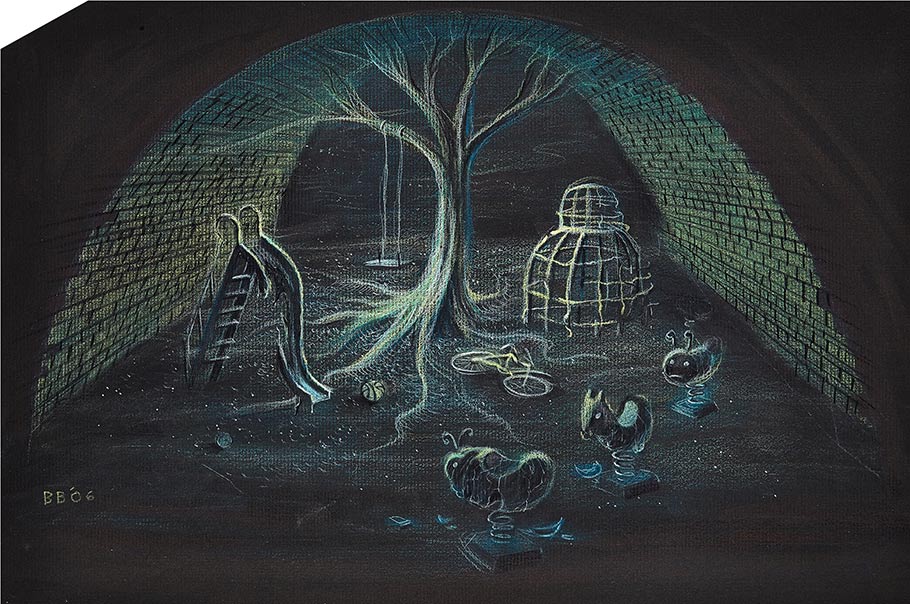Ghost Children's Playground concept artwork by Bill Boes. Done in pastel on black paper.