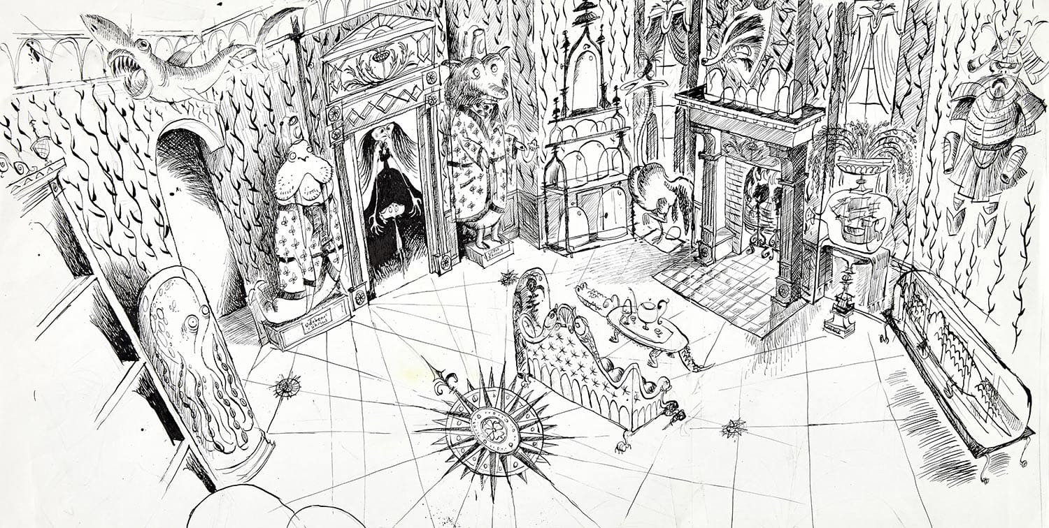 Other Mother's Living Room concept artwork done in pen and ink. Artist: Dan Krall.
