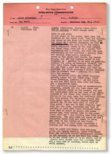 A page of sweatbox notes from Disney's "Fantasia" that was recently auctioned online. (Click to enlarge.)