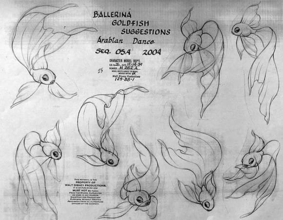 A model sheet of goldfish concepts from the Arabian Dance sequence of "Fantasia'"s 'Nutcracker Suite.' (Click to enlarge.)