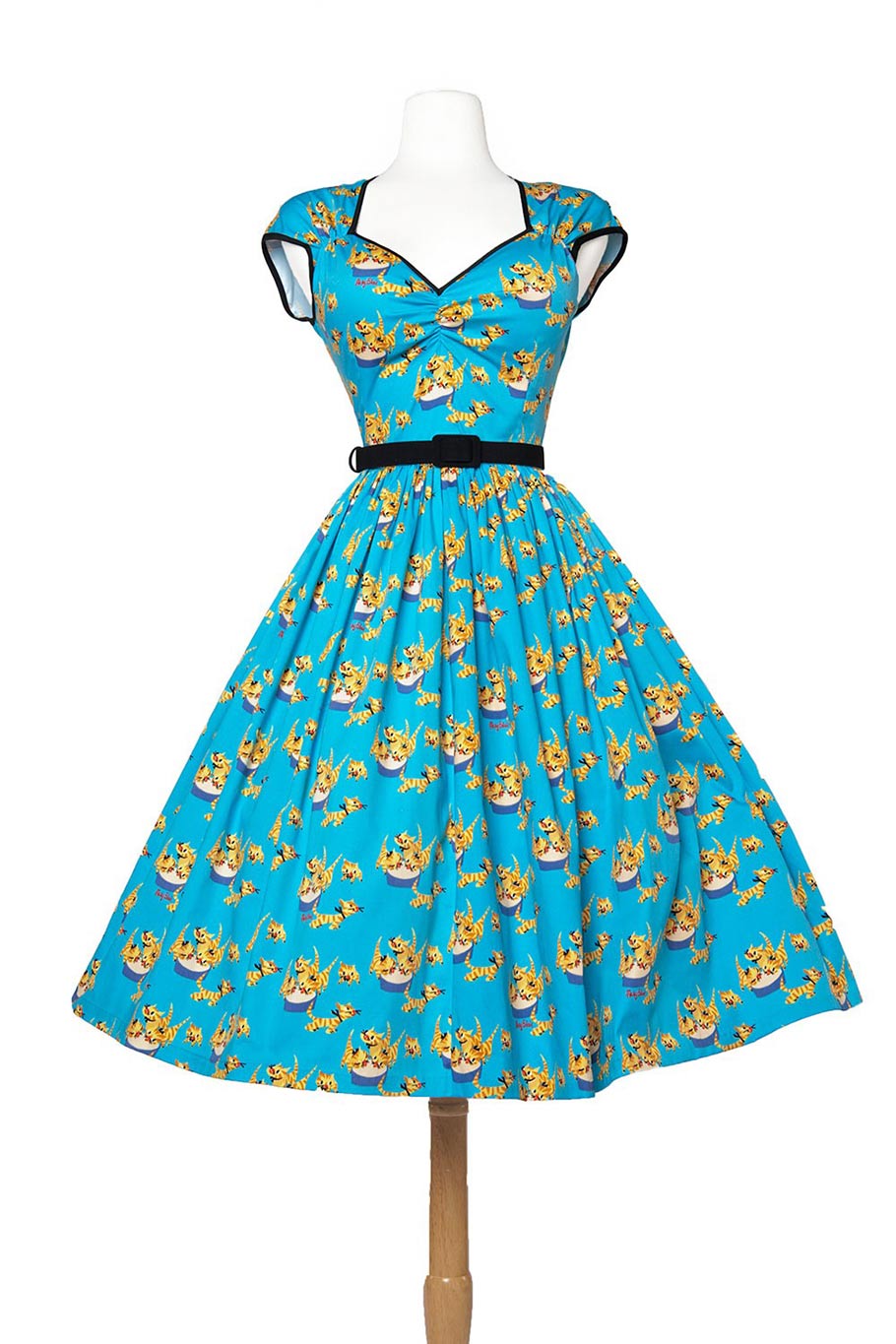 Heidi dress with gathered skirt in cat print. (Click to enlarge.)