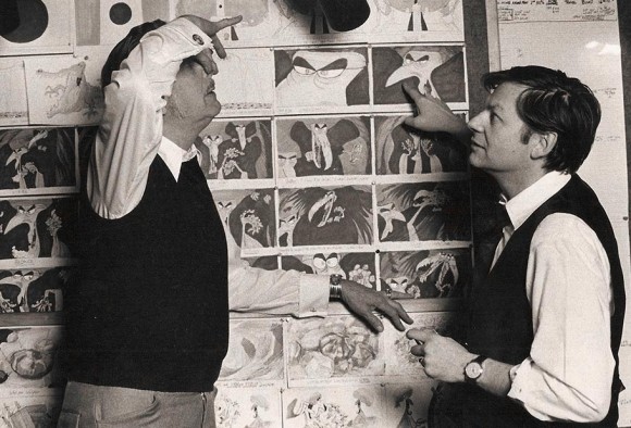 Richard Williams (right) with Vincent Price during the production of the film that eventually became "The Thief and The Cobbler." (Click to enlarge. Photo via.)