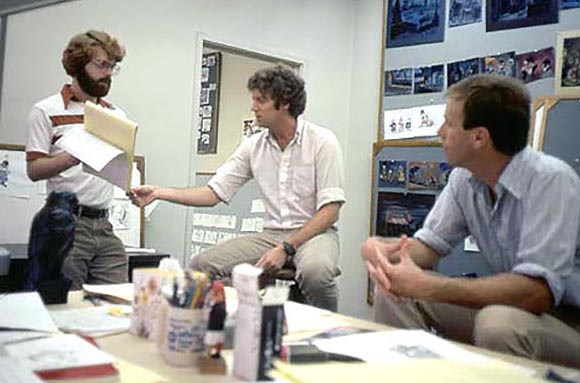 From left to right: Ron Clements, Pete Young and Steve Hulett working at Disney.