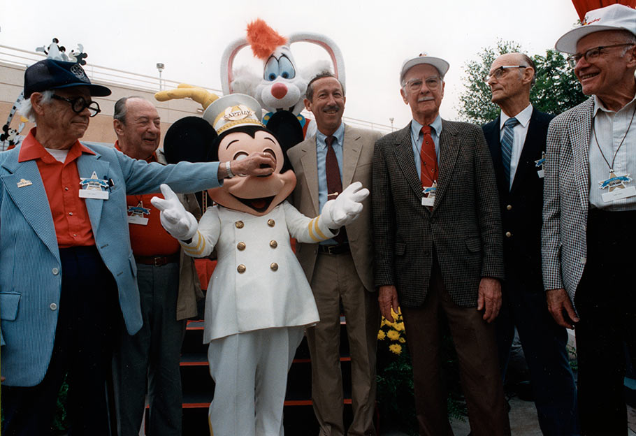 Ward Kimball, Marc Davis, Roy Disney Jr., Ollie Johnston, Ken O'Connor, and Frank Thomas, attend the opening of Disney-MGM Studios. (Click to enlarge.)