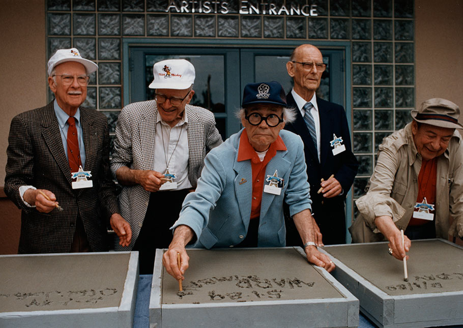 The opening of Disney-MGM Studios on May 1, 1989 was attended by (l. to r.) Ollie Johnston, Frank Thomas, Ward Kimball, Ken O'Connor, and Marc Davis. (Click to enlarge.)