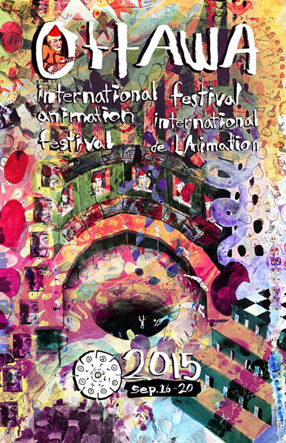 Thee 2015 festival poster created by the Hut animation collective, comprised of Caleb Wood, Derick Wycherly, Ted Wiggin, Africanus Okokon, and Dylan Hayes. 