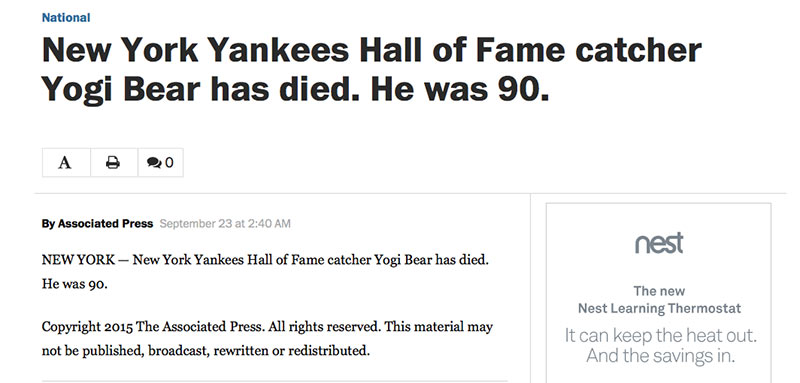 Associated Press Reports That Yogi Bear Has Died