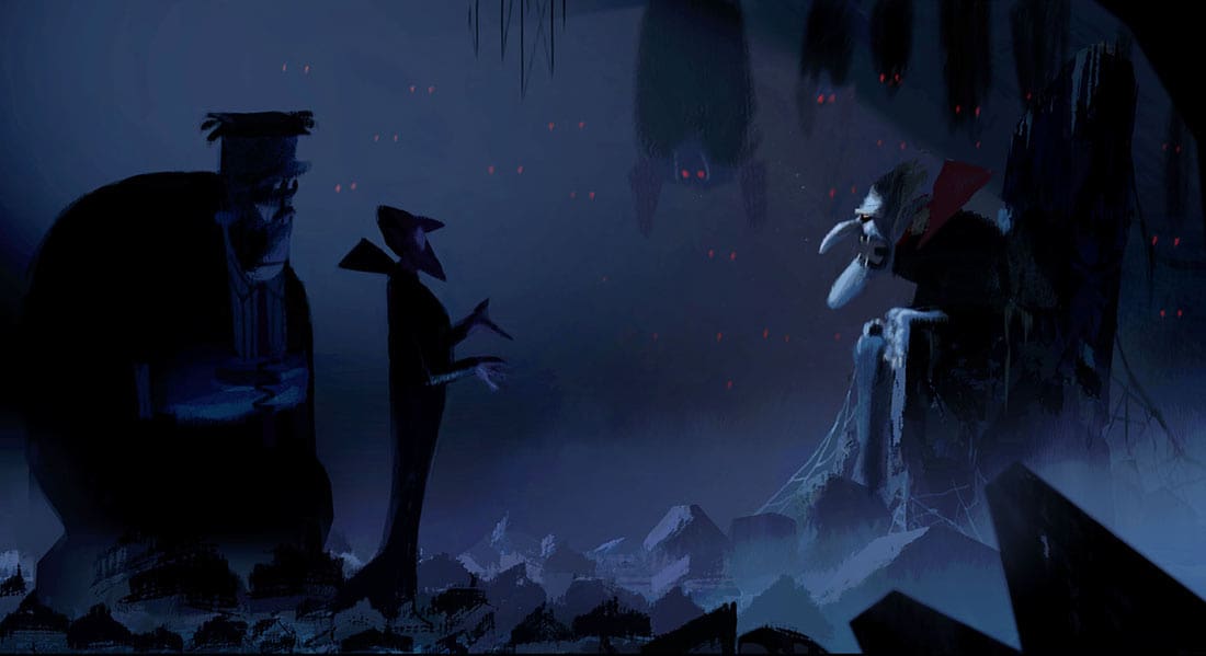 Color script painting by Aurelien Predal of Frank and Drac meeting Vlad from the unused "Meet Vlad" sequence.