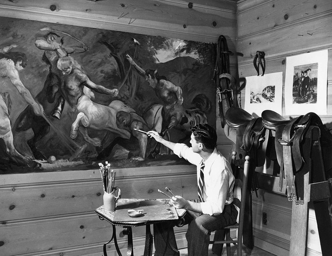 Mel Shaw painting "The Centaurs" in the tack room of the Encino Ranch, 1938. (Photo: Rick and Janet Shaw and Melissa Couch.)