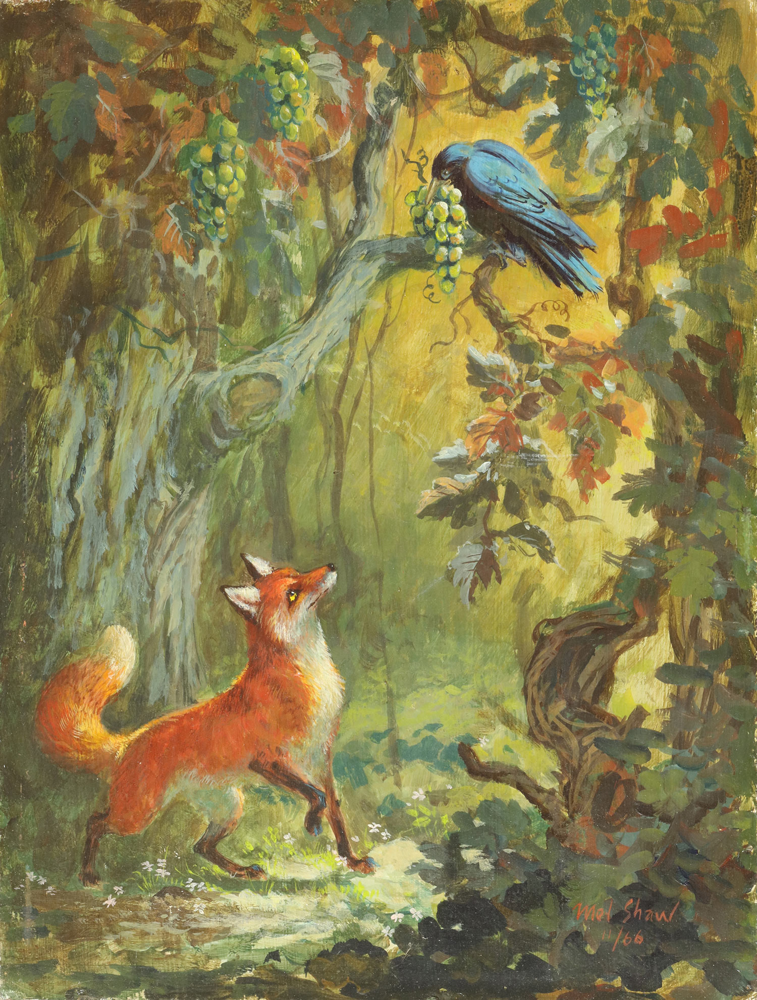 Mel Shaw painting, "The Fox and the Grapes, Aesop Fable," 1966. (Image: Courtesy Rick and Janet Shaw and Melissa Couch, © Mel Shaw Studios.)
