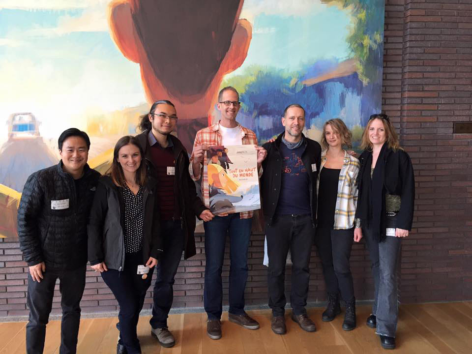 "Long Way North" crew meets Pete Docter after a screening of the film at Pixar on December 1, 2015. Chayé is standing to the right of Docter; animation director Liane-Cho Han is left of Docter.