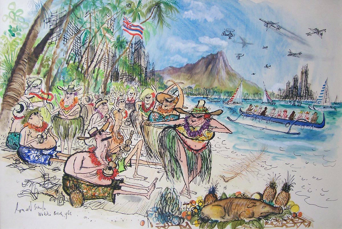 Waikiki Beach illustration by Ronald Searle.