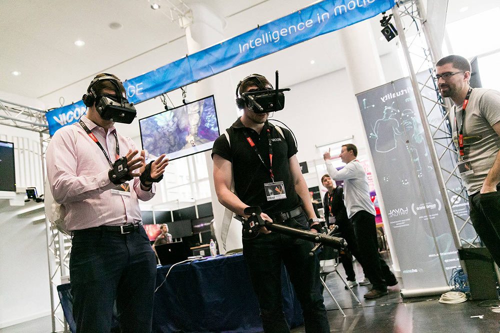 FMX attendees inside a VR volume interact with each other in a virtual world. VR is a major part of the FMX program here in 2016.