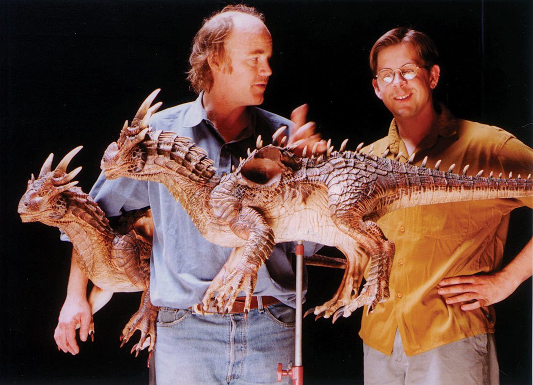 Phil Tippett (left) with sculptor Pete Konig and their Draco maquette. 