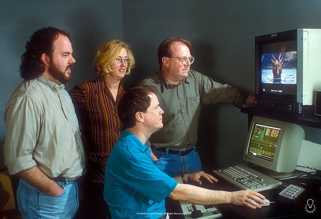 Some of ILM’s visual effects team on "Dragonheart." Rob Coleman is standing at left, Scott Squires is seated.