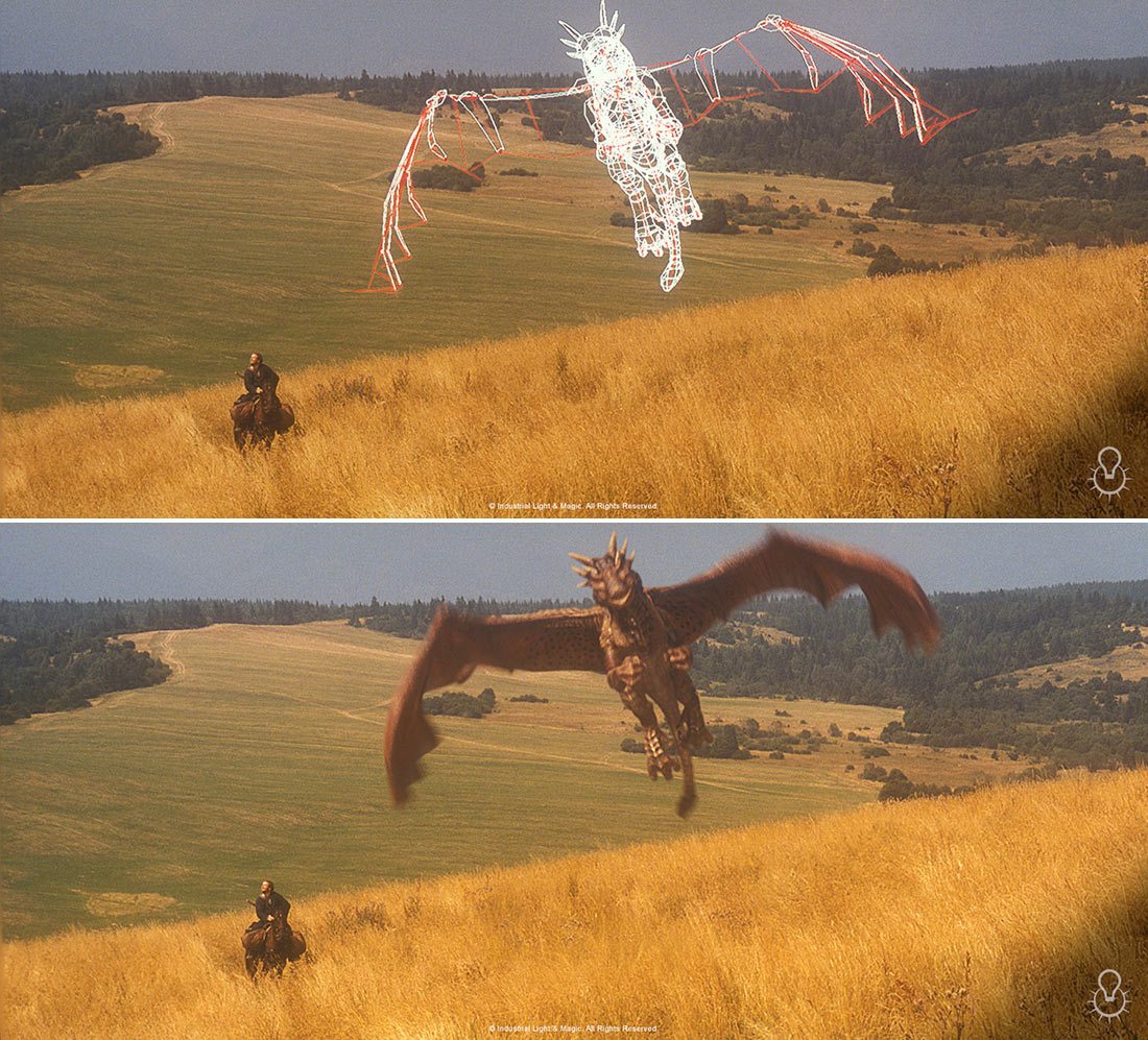 Before and after stills showing ILM’s digital Draco model and the final render of the character in flight.
