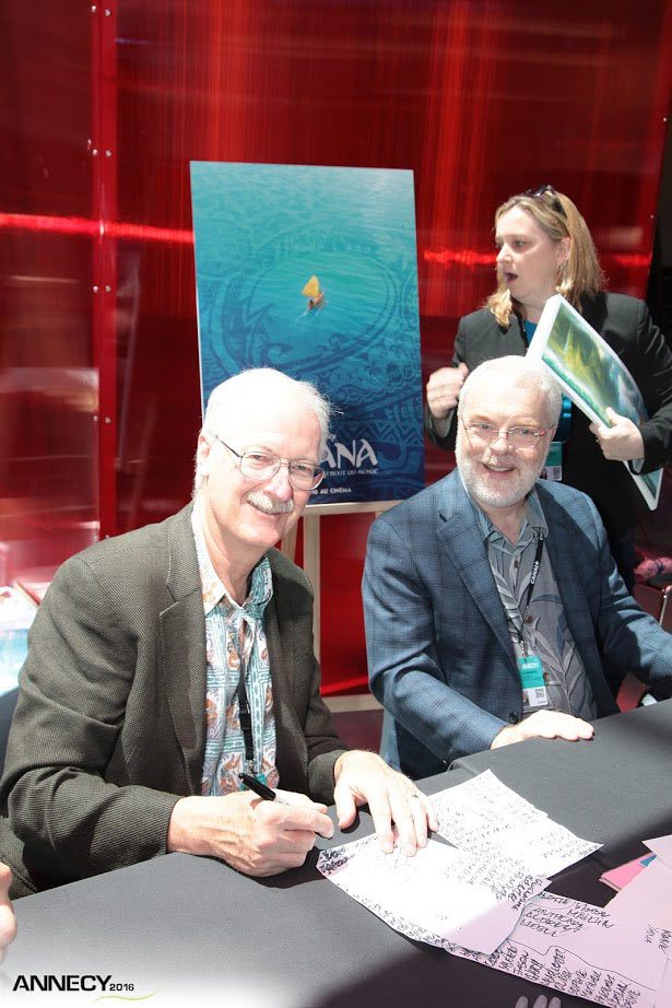 "Moana" directors John Musker (l.) and Ron Clements at an Annecy poster signing session. (Photo : E. Perdu/CITIA)