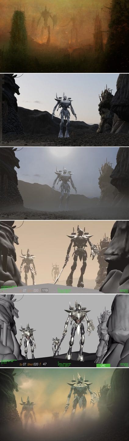 The Wraith Knight, top to bottom: Concept for the Wraith Knight appearance; terrain pass for the Wraith Knight; terrain pass for the Wraith Knight with volume added; animation pass; textures added; final shot of the Wraith Knight.