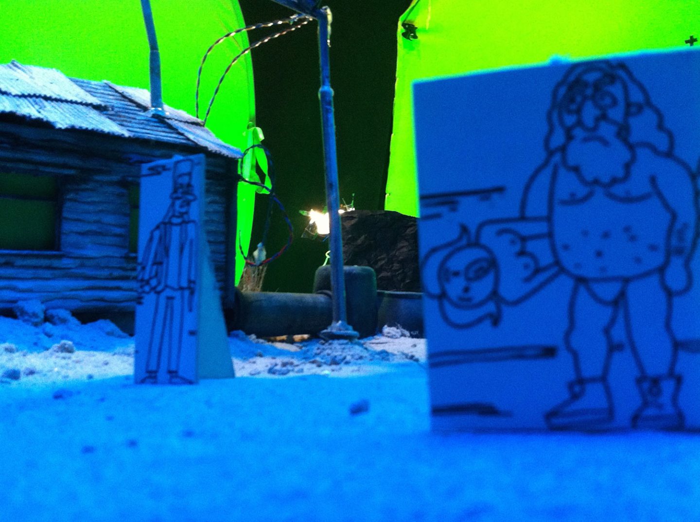 Small scale drawings of the characters were used during shooting of the live-action sets to help with framing.