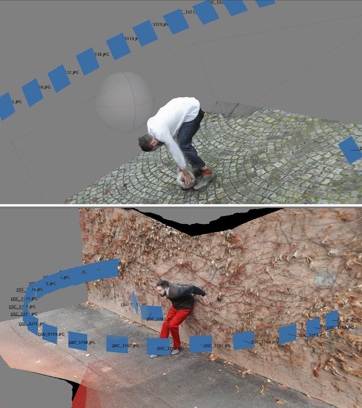 The photogrammetry build from PhotoScan shows the positions where the stills used to produce the 3D model were taken from.