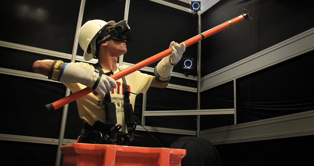 One of the VR Village installations: an immersive and interactive procedure-training simulator for high-risk power-line maintenance.