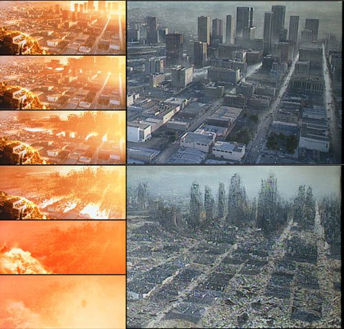 A progression of images showcasing the blast wave sequence and the matte painting work.