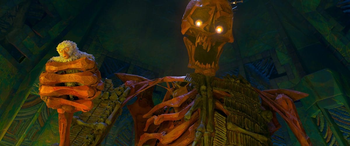 Monkey, voiced by Charlize Theron, gets trapped in the Hall of Bones and caught in the grip of the Giant Skeleton.