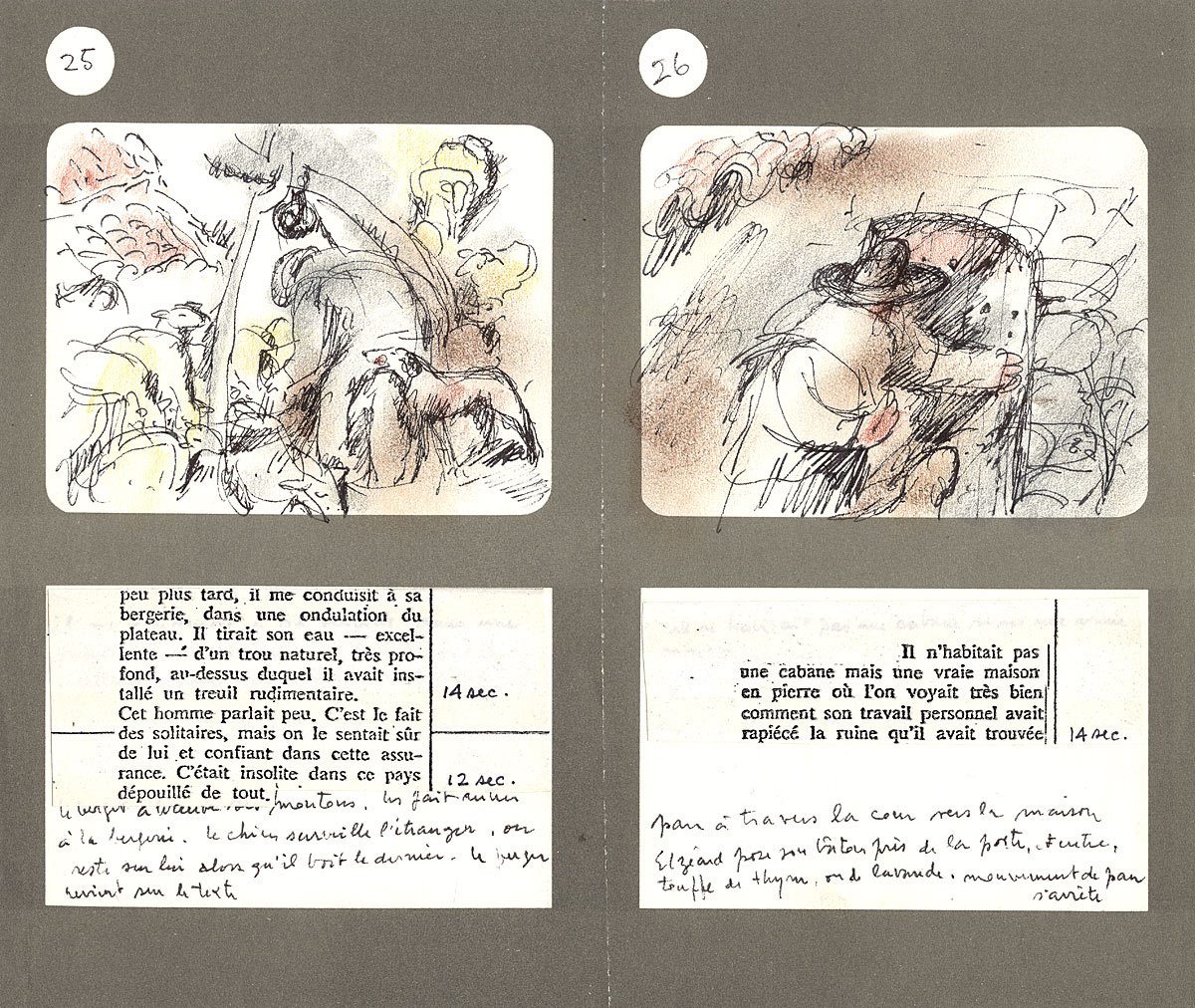 Storyboard panels from "The Man Who Planted Trees" by Frédéric Back.