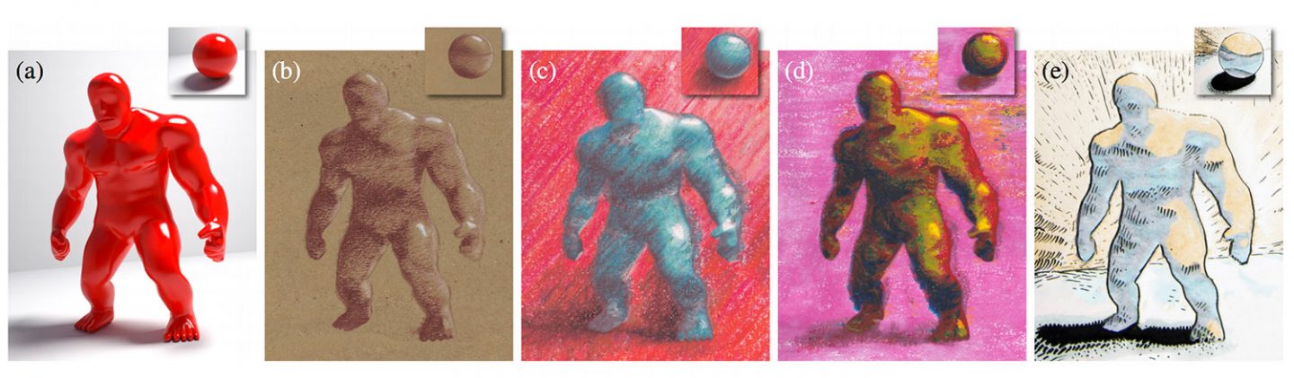 The original 3D rendering (a) and examples of how it was stylized: (b) tonal drawing, (c) colored pencils, (d) oil pastel, and (e) comic drawing. Note how the lighting effects on the sphere are transferred to a similarly illuminated location in the target 3D rendering. Rendering by Daichi Ito (b), Pavla Sýkorová (c, d), and  Lukáš Vlček (e).