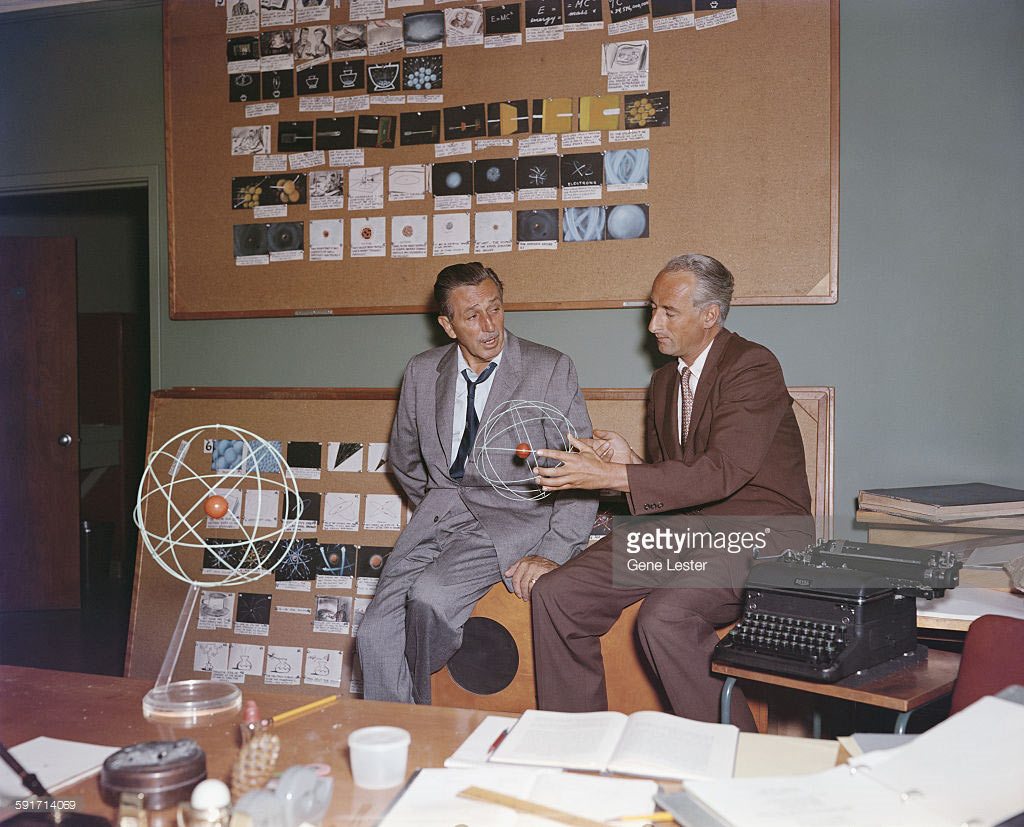 Walt Disney discussing the "Disneyland" space specials with one of the presenters, ex-Nazi Heinz Haber.