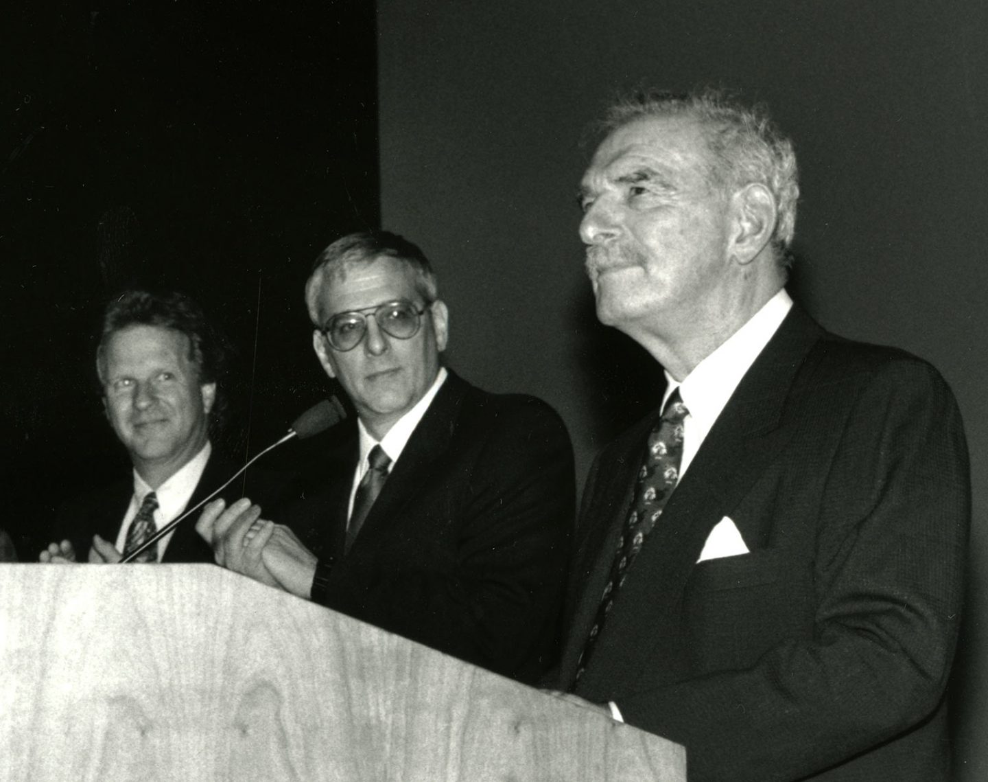 Left to right:Bruce Wands, Chair of SVA MFA Computer Art, David Rhodes, President of SVA, Silas H. Rhodes, Founder and Chairman of the Board of SVA,  circa 1990.