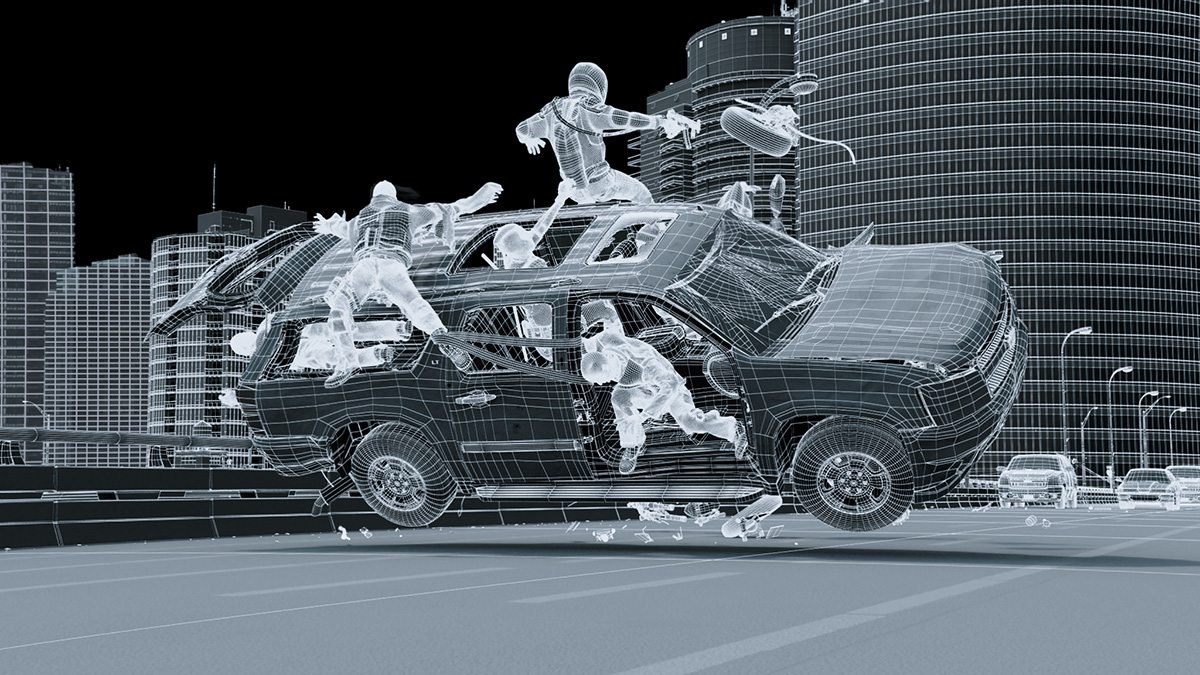 A wireframe still from the freeway chase in "Deadpool."